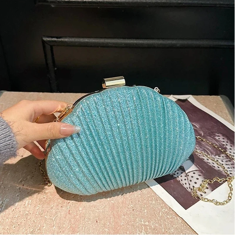 Glitter Pleated Shell Shoulder Bags For Women 2026 New Luxury Party Evening Handbag Fashion Chain Shiny Small Crossbody Purse