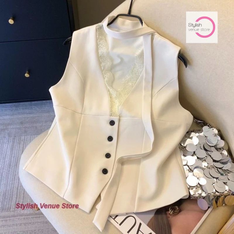 

French solid color sexy lace collar vest women's spring and summer new fashion design sense vest with casual joker cardigan top.