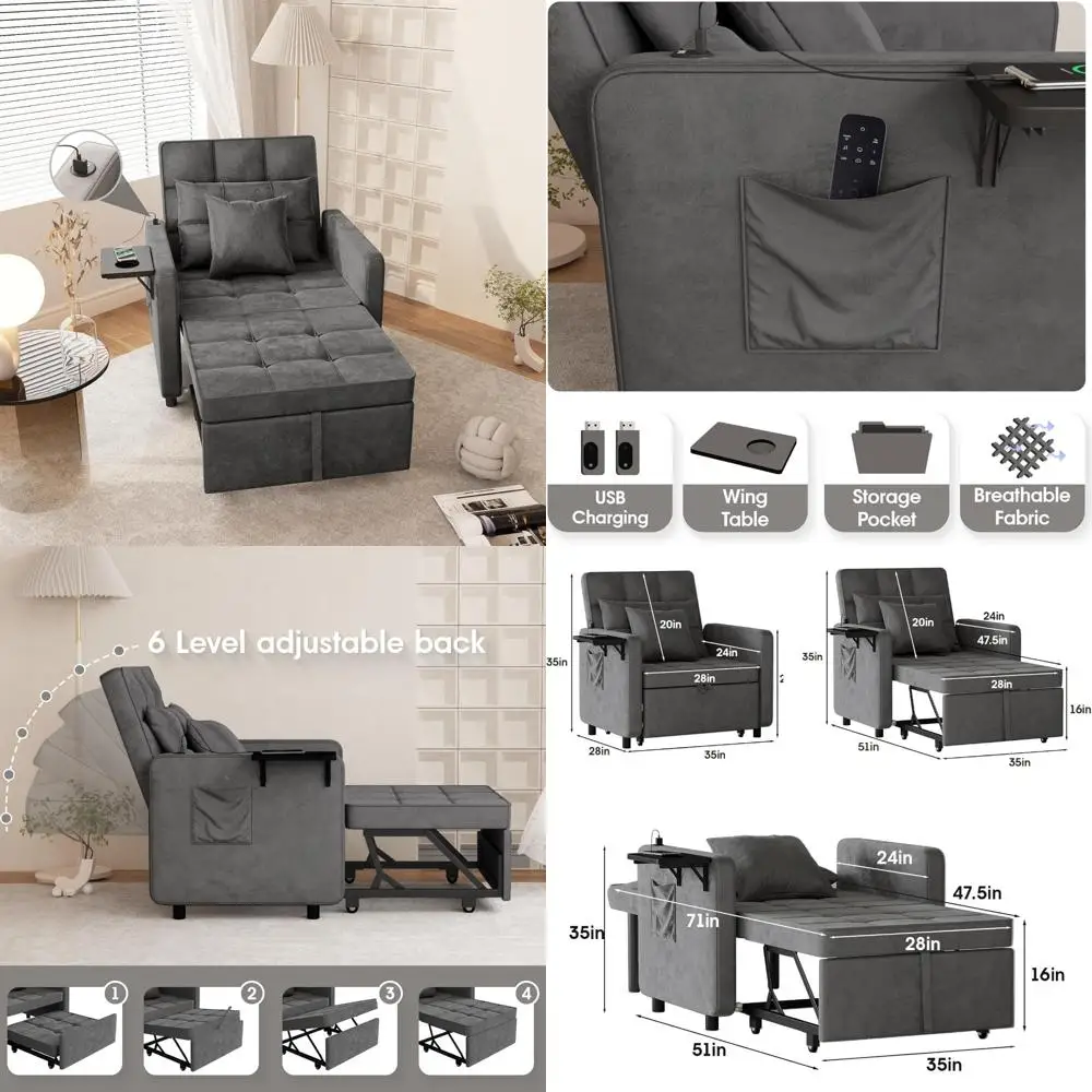 

Диван-кровать-трансформер 3-в-1 со столиком-крылышками, USB-портами, бархатное кресло-кровать, регулируемая спинка, простая сборка, темно-серый