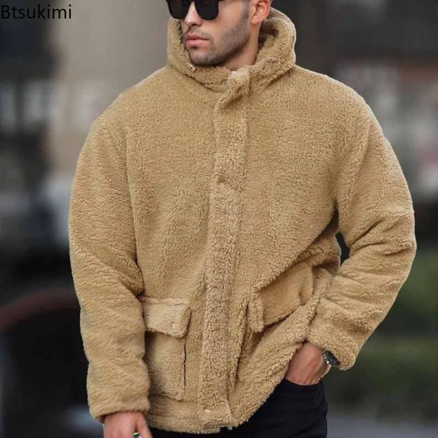 2025 Men's Autumn and Winter Fleece Zipper Sweater Hooded Solid Color Fluffy Coats Male Sherpa Fleece Jackets Warm Streetwear