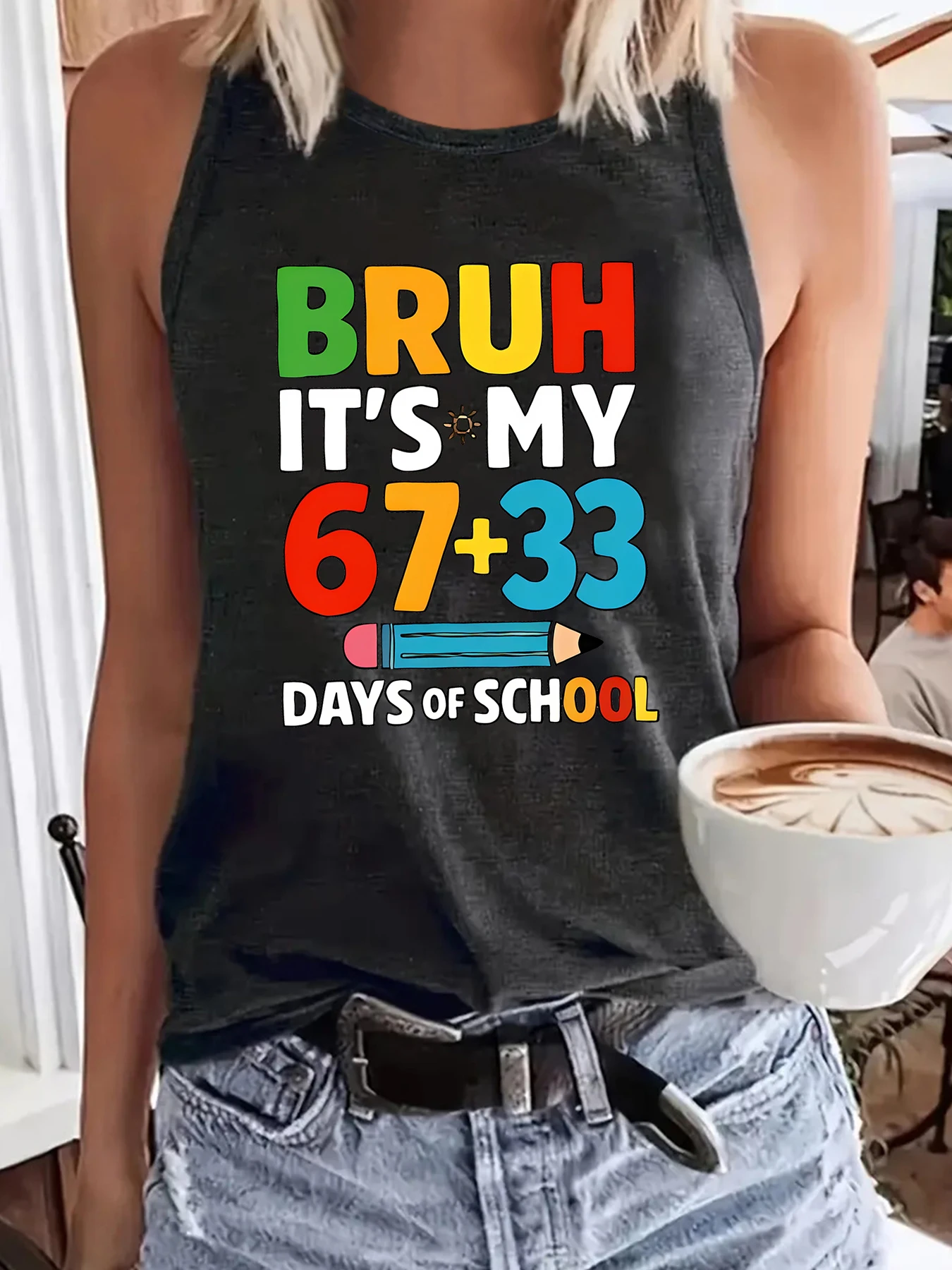 Women Summer Crew Neck Sleeveless Tank Top, Bruh It's My 67+33 Days of School Letter & Pencil Print Casual Tank Top