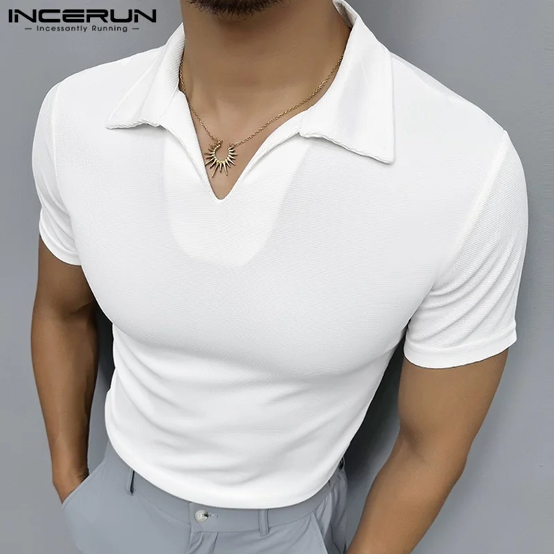 INCERUN قميص رجالي ذو طية صدر السترة وأكمام قصيرة بلون واحد ملابس رجالية غير رسمية ملابس الشارع الشهير على الطراز الكوري قمصان رجالية عصرية ترفيهية
