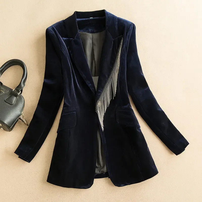 

Black Gold Velvet Suit Jacket Female Spring And Autumn Temperament Self-Cultivation Fashion High-End Tassel Blazer Coat ZT199