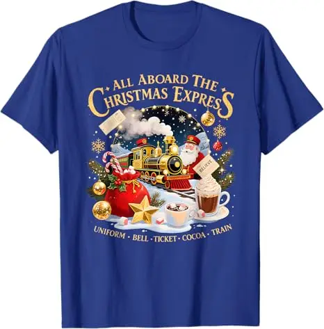 All Aboard The Christmas Express Train Santa Holiday T-Shirt Y2k Funny Graphic Xmas Costume Novelty Gift Short Sleeve Blouses