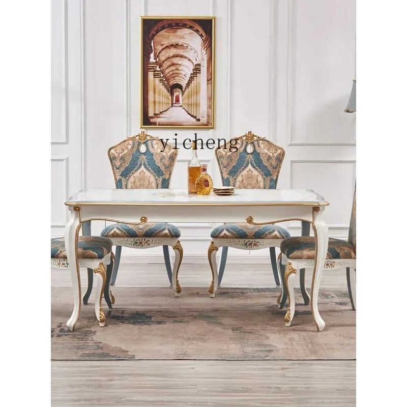 CZ-17 Solid Wood Carved White Rectangular Dining Table Home Retro Hand Painted Dining Tables and Chairs Combination
