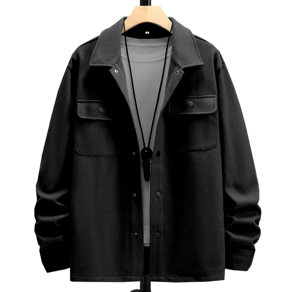 2025 New Men Lapel Woolen Jackets Button Up Flap Pockets Workwear Casual Outerwear Coat