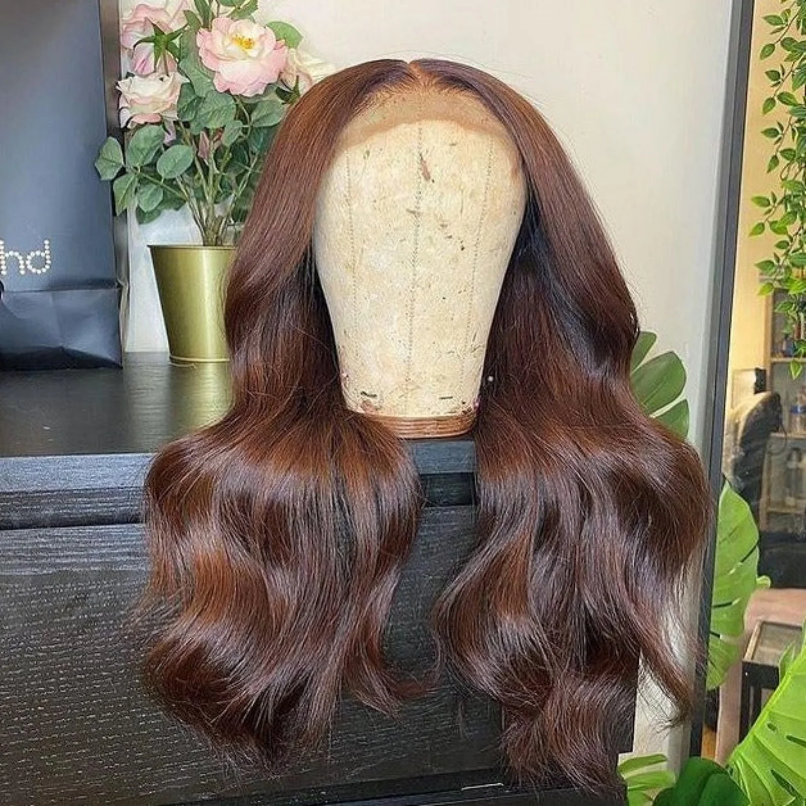 

Dark Brown Wig Body Wave Synthetic Lace Front Wig Glueless Long Wavy Chocolate Brown Colored Hair Lace Frontal Wigs for Women