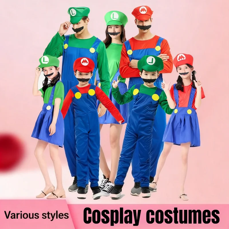 Nuevo Disfraz de Dibujos Animados para Super Brothers, Disfraz de Cosplay para Padres e Hijos, Disfraz de Mario Bros con Mangas Abullonadas para Actuaciones