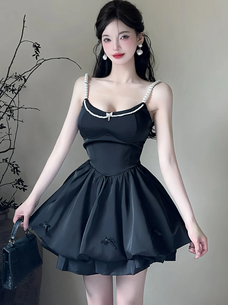 

2025 Black Satin Luxury Beading Sling Sexy Mini Dress Women Elegant Chic Bow Y2k Dress Summer Korean Bodycon Festival Prom Dress