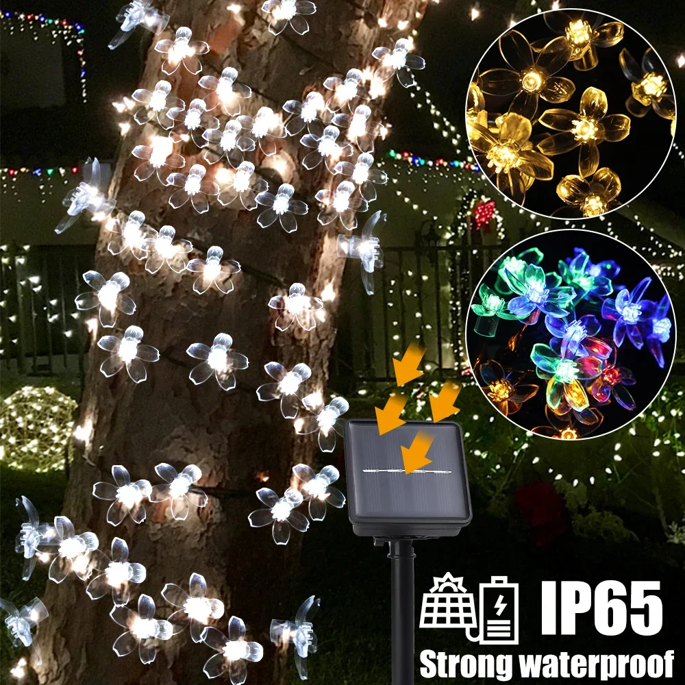 5M/1.5M LED Solar Lamps Cherry Blossom Outdoor Waterproof Fairy Lights Crystal Lamp String Decor Wedding Party Garland Supplies