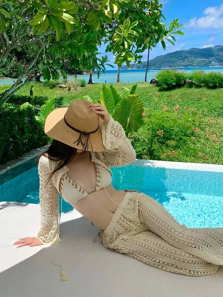 

Spicy Girl Pure Desire Loose Sexy See-through Long Sleeve Long Pants Bikini Four-piece Set High-end Feeling Island Vacation S...