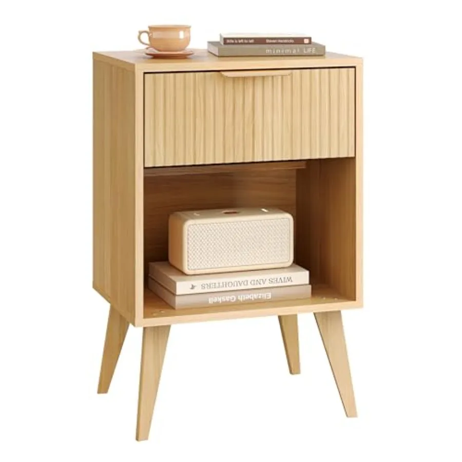 

Fluted Night Stand with Opening Storage, Mid Century Bedside Table with Drawer, Wood Nightstand with Solid Wood Legs, End Table