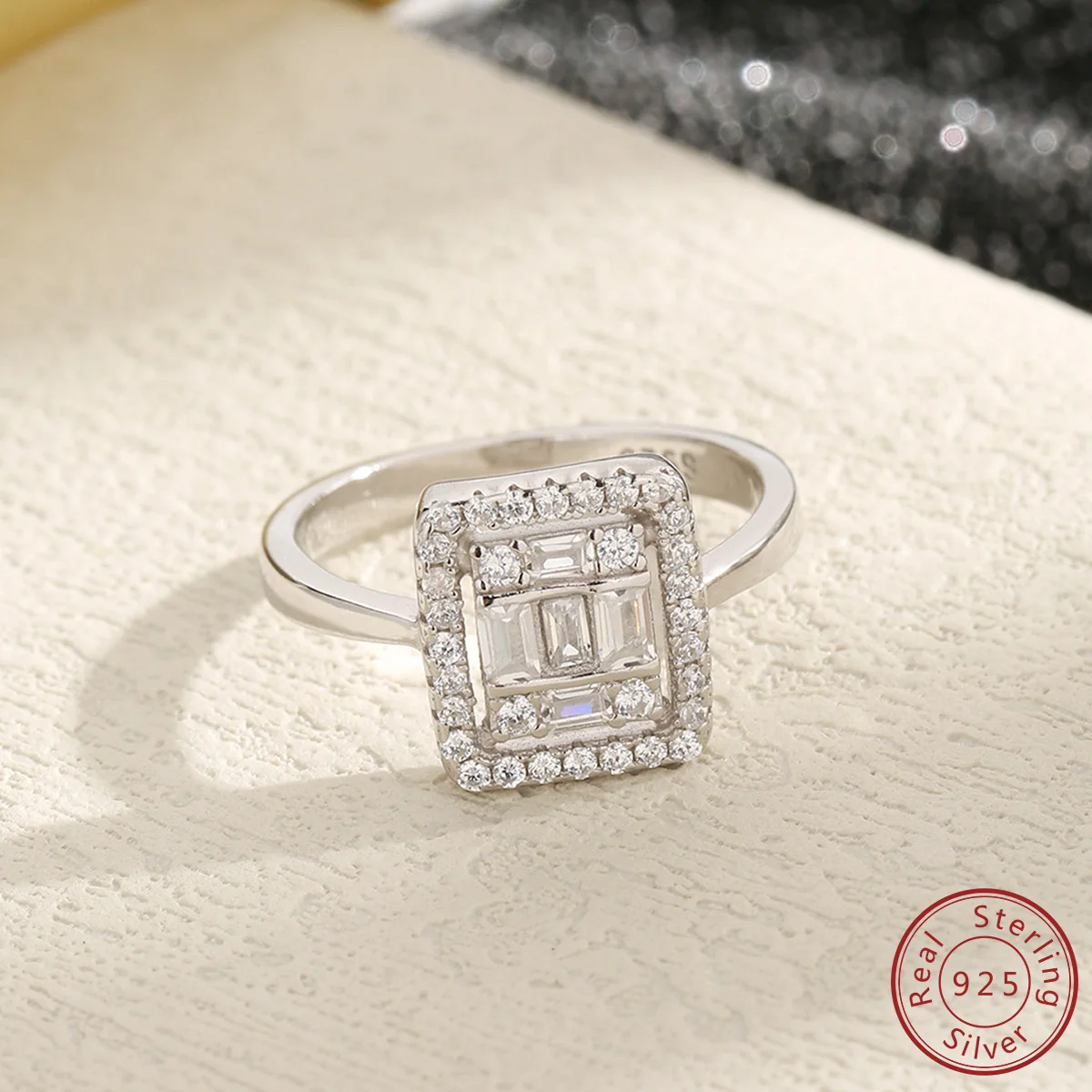 2023 New 100% S925 Sterling Silver Ladder Square Zircon Ring Fashion Versatile Temperament High Grade Jewelry for Women