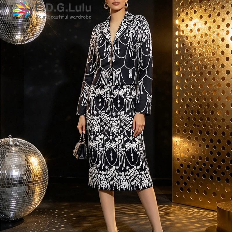 EDGLuLu Elegant Two-Piece Set 2026 Autumn New Turn-Down Collar Long-Sleeved Coat+High Waisted Long Skirt Printed Suit 1016
