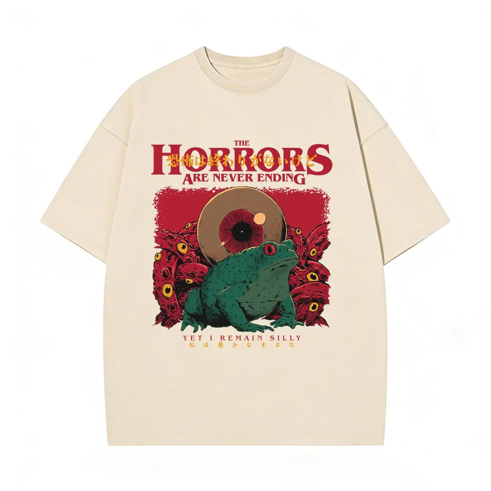 

The Horrors Are Never Ending Yet I Remain Silly T-shirt Funny Japanese Style Frog Vintage Washed T-shirts Man Oversized T Shirts
