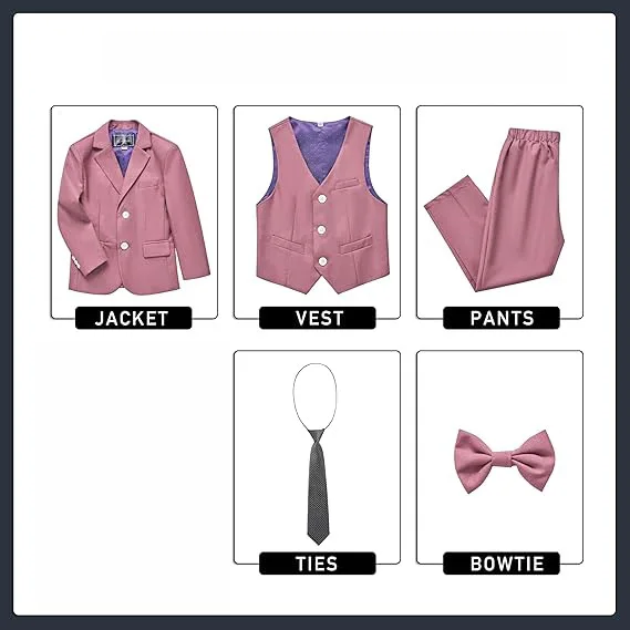 Prince Boys Pink 5Pieces/Set Jacket Vest Pants Bowtie Tie Photograph Suit Gentleman Kids Birthday Dress Children Wedding Custome