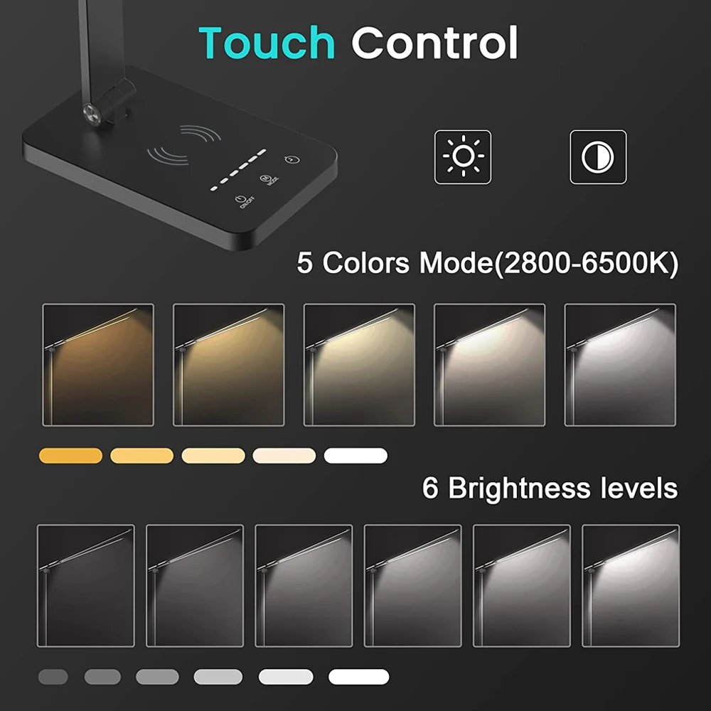 LED Double Head Reading Table Lamp with 10W QI Wireless Charging Touch Control Dimmable Timing Eye Care Desk Bedroom Learning