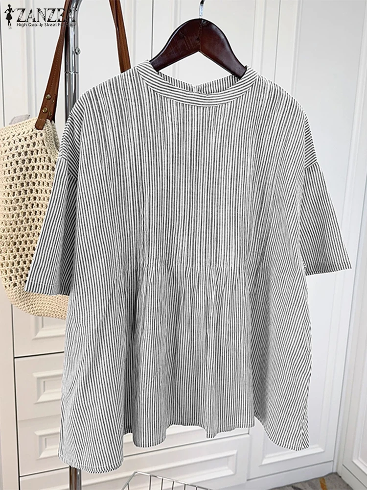 

ZANZEA Women Casual Pintuck Striped Blouses Summer 2025 Mandarin Collar Drop-Shoulder Short Sleeve Blusas Mujer Streetwear Tops