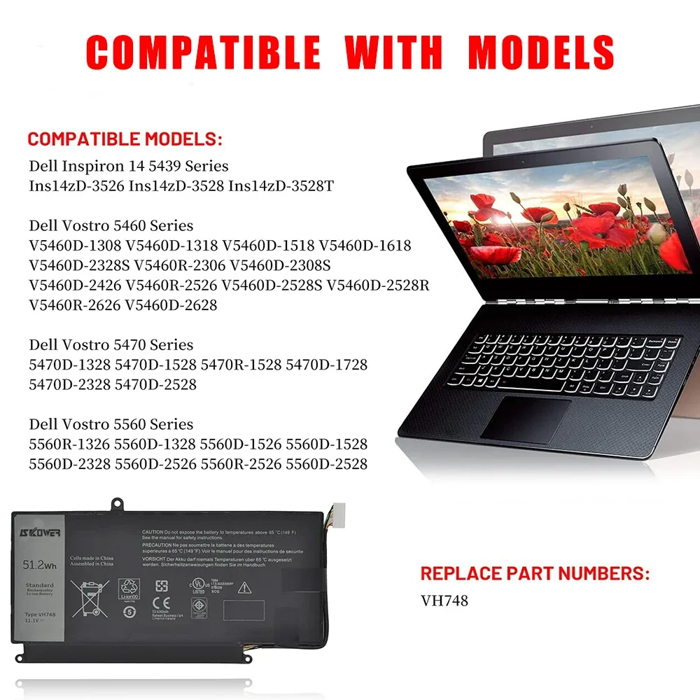 New 11.1V VH748 Laptop Battery for Dell Vostro 5460 5470 5480 5560 Inspiron 14 5439 P43F P41G