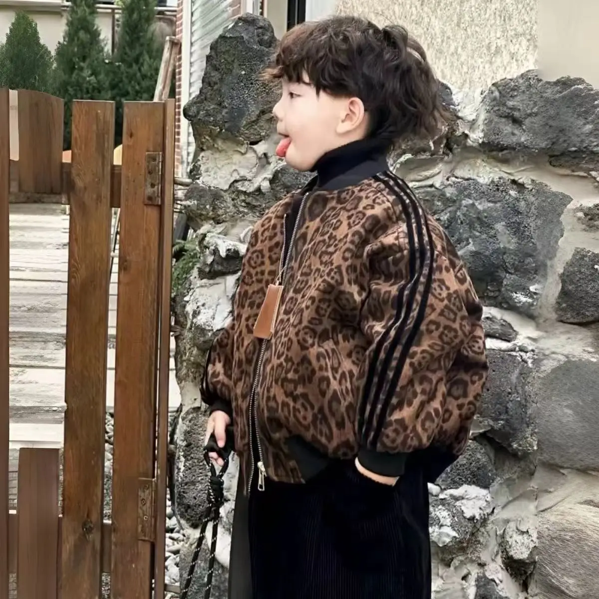 Winter Warm Kids Cotton Boys 2pcs Sets Leopard print Baseball Uniform Coat Jacket+Plus Velvet Corduroy Pants Handsome Suits Sets