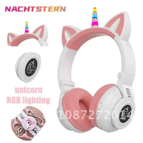 kids Unicorn Wireless Headphones With Micrphone Control RGB Light Girls Music Stereo Helmet Mobile Phone Children's Headset Gift