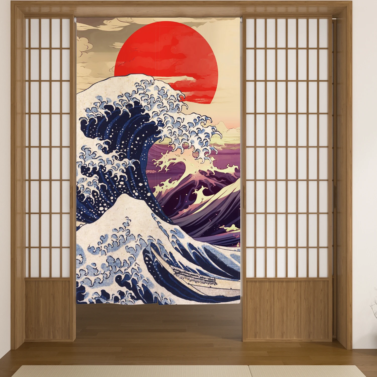 

Kanagawa Wave Japanese Noren Doorway Curtain Ukiyoe Hokusai The Great Wave Red Sun Bedroom Kitchen Entrance Hanging Door Curtain
