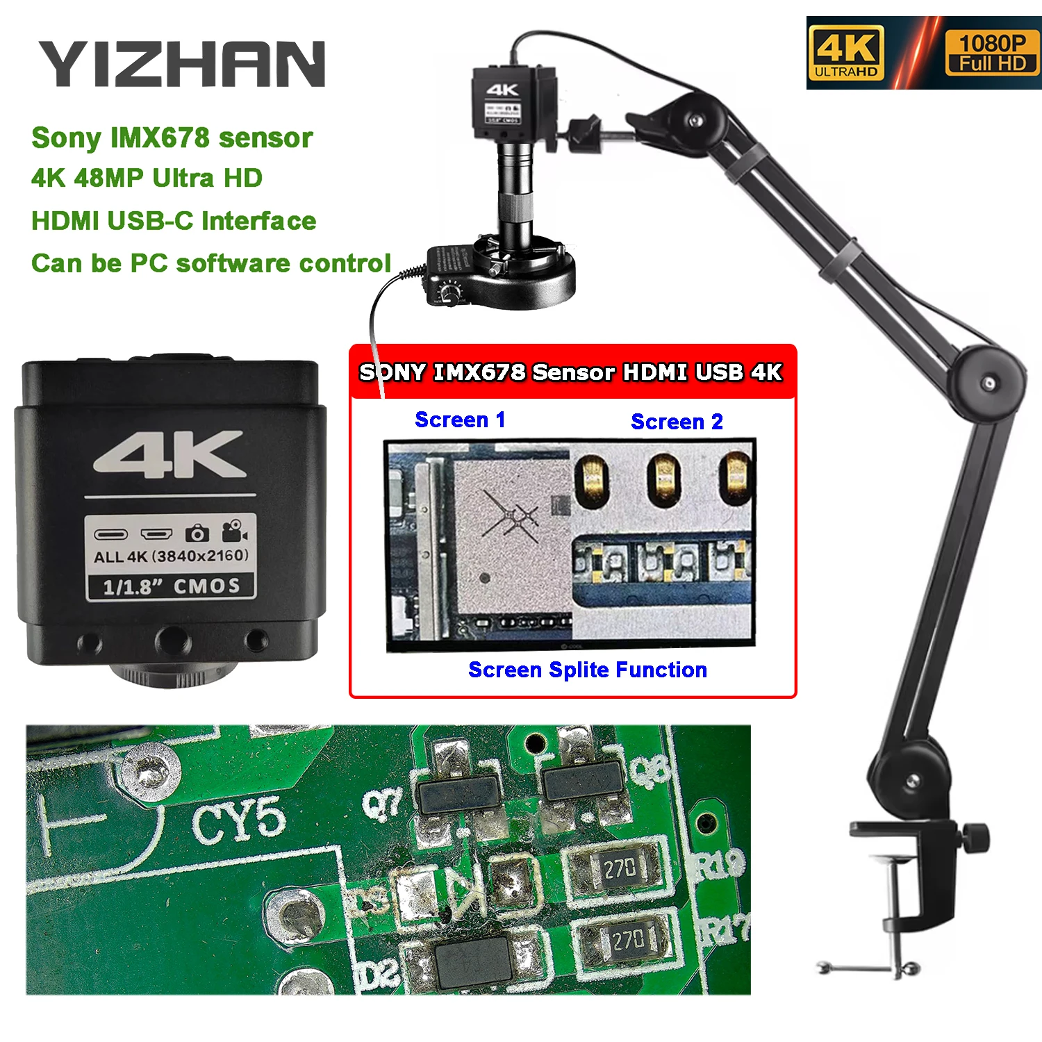 YIZHAN 4K Microscope numérique pour Microscope à souder électronique IMX678 1/1.8 "capteur caméra HDMI type-c mise à niveau bras articulé