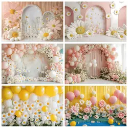 Spring Daisy Flower Arch Wall Balloons Boho Photography Backdrop Girl Birthday Cake Smash Easter Kids Portrait Photo Background