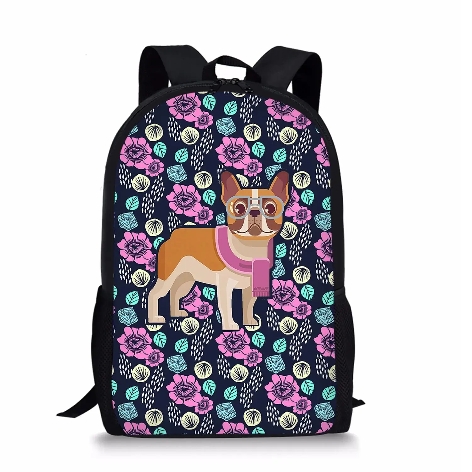 Franse Bulldog Schooltas Voor Meisjes Casual Boekentassen Bloemen Dier Hond Prints Kids Rugzak Jongens Meisje Polyester Schooltassen