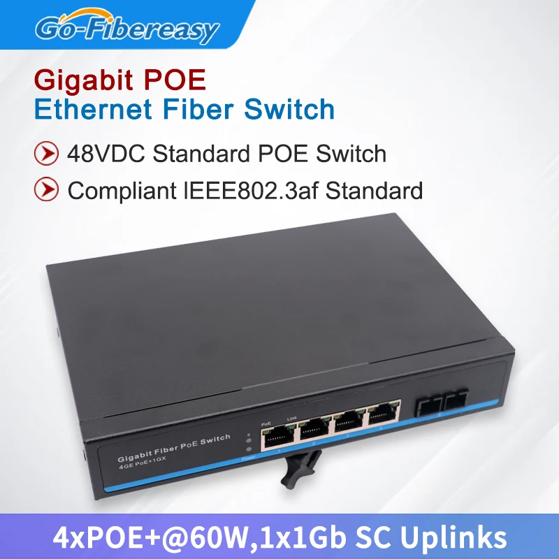 

Ethernet-Волоконный коммутатор Gigabit POE, 1000 Мбит/с, 4xPoE + @ 60 Вт, 1x1 ГБ SC Uplinks POE, оптический медиа-конвертер, 48 В постоянного тока, стандартный коммутатор POE