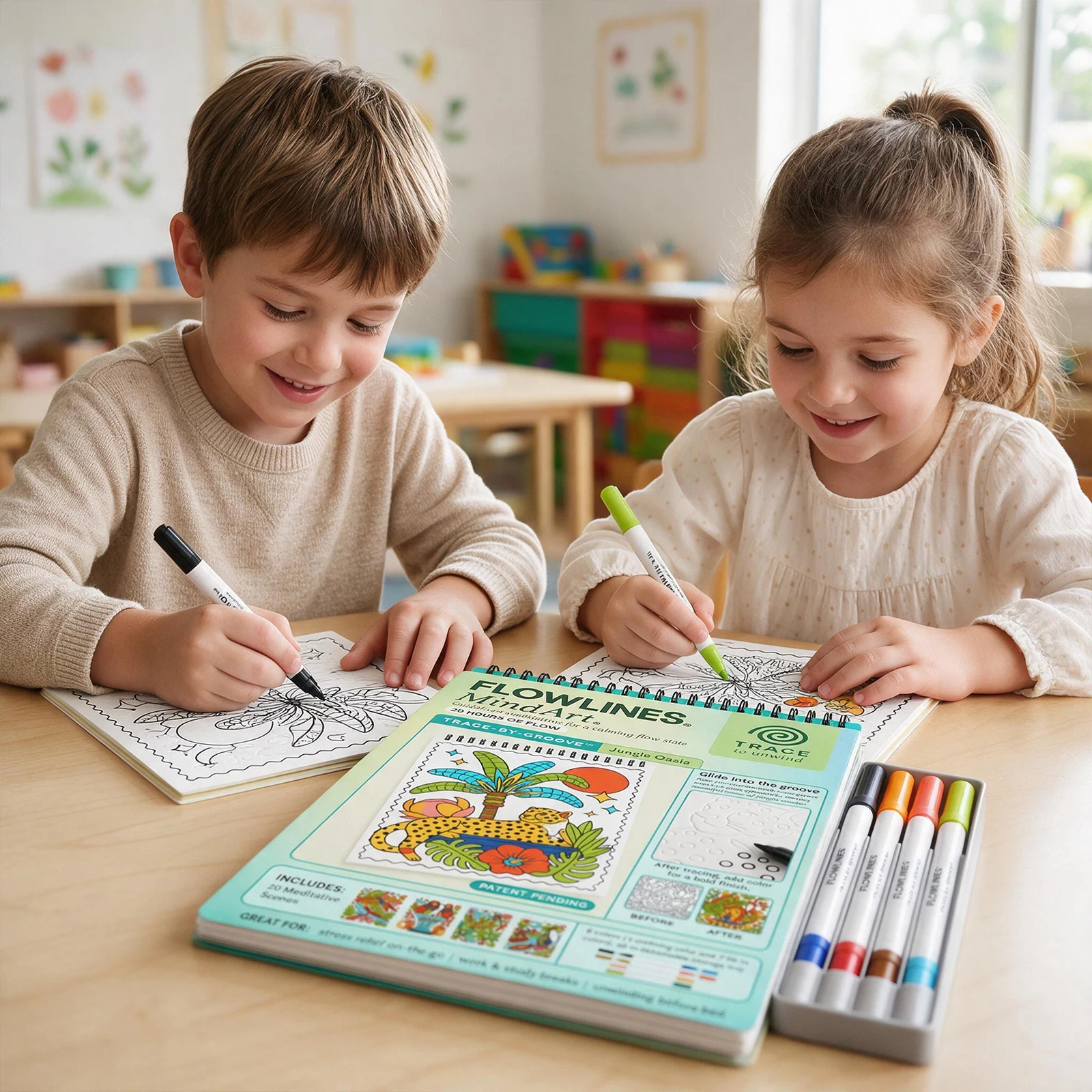 Flowlines MindArt Trace-By-Groove Coloring Book Set with Dual-Tip Markers 20 Scenes