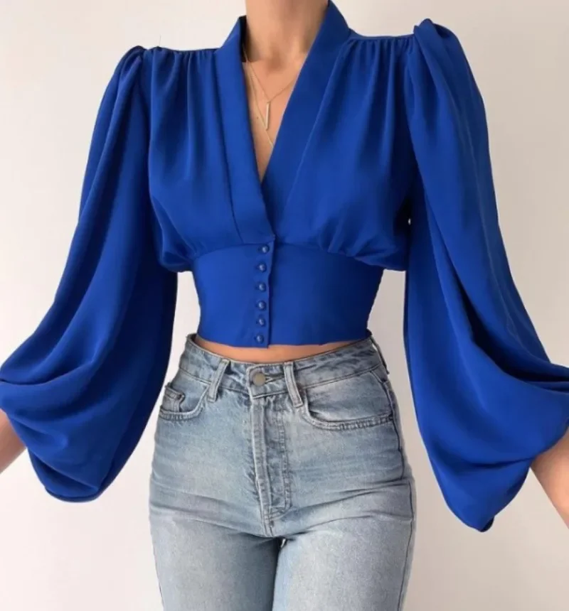 Spring Autumn Casual Lantern Sleeve V-Neck Slim Fit Shirts Blouses Button Top for Woman Blusa Feminina Camisas Office Wear Mujer