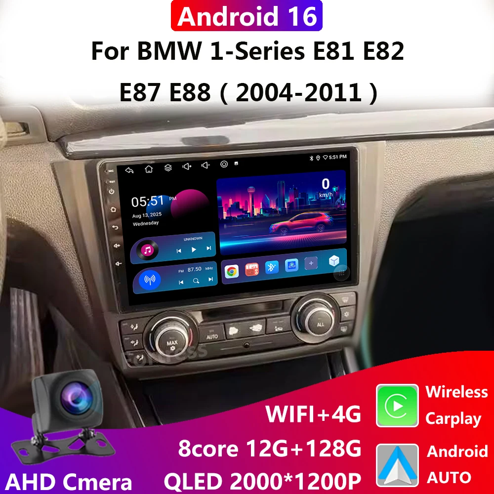 Radio para Auto Android 16 para BMW Serie 1 E82 E81 E87 E88 2004-2011, CarPlay Inalámbrico, Android Auto, WiFi, 4G, Multimedia, GPS, BT