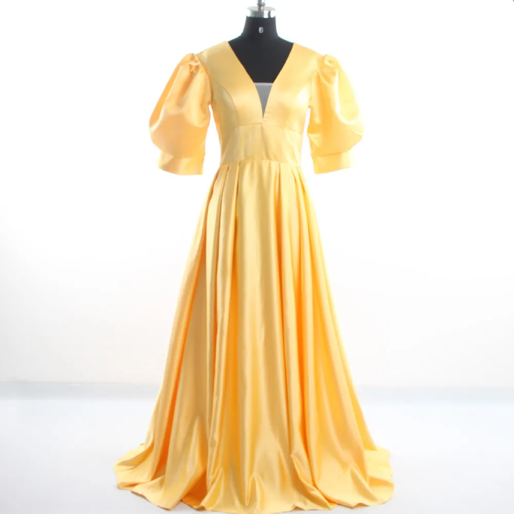 

Evening Dresses Shiny Yellow Deep V-neck Half Puff Sleeves Pleat Satin A-line Floor Length Plus size Lace up Party Dress B1536