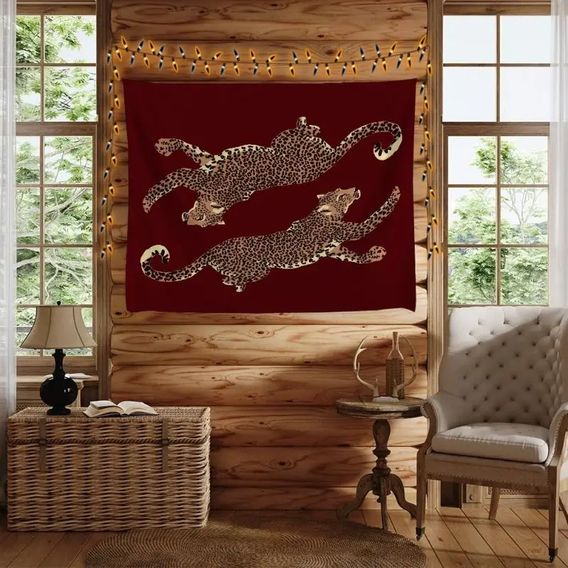 VIKAMA Retro Light Luxury Wild Wine Red Double Leopard Tapestry Bedroom Living Room Atmosphere Wall Hanging Home Wall Decoration