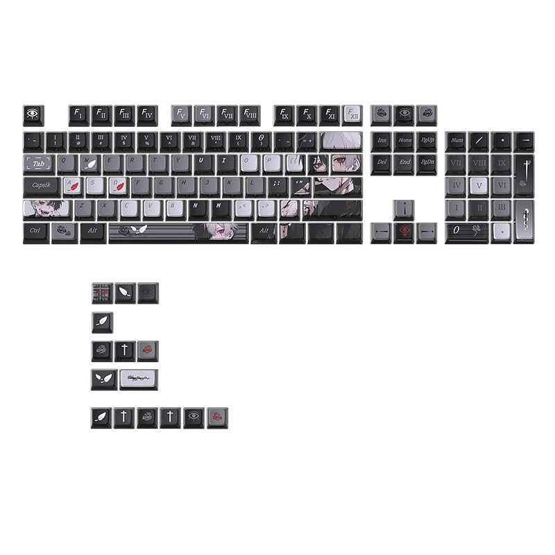 

Клавиши Dark Night Crimson Fantasy Dark Theme, прозрачные со всех сторон, PBT, сублимационная печать, 119 клавиш, полный комплект.