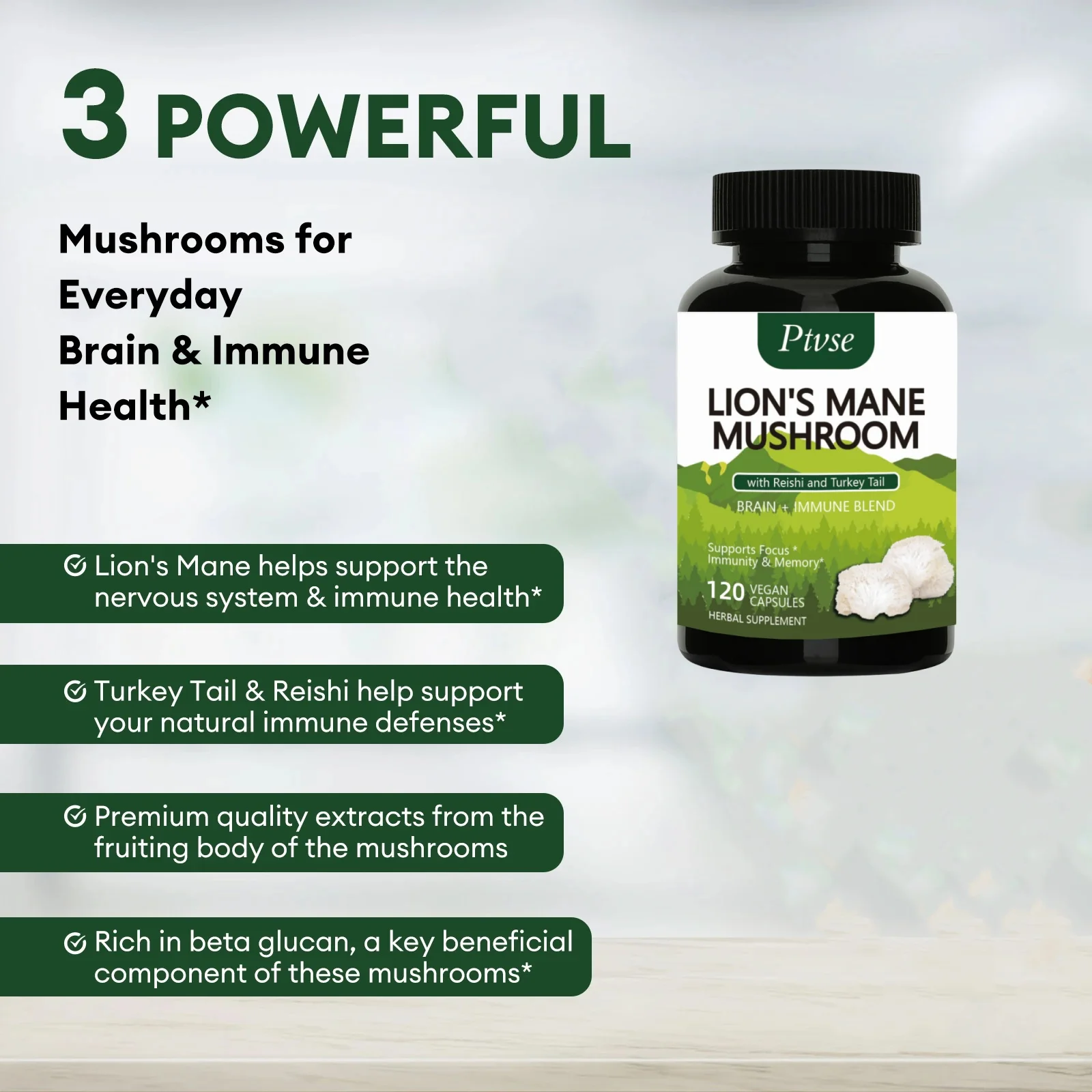 Lion's Mane Mushroom Capsules Brain Nervous System Health and Memory Supplements Immunity Sleep Energy Mood Support