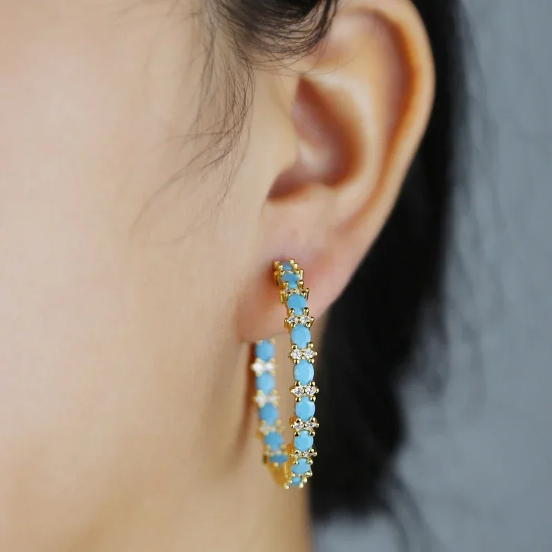 35mm Blue Turquoise Stone Round Big Circle Hoop Earrings for Women Gold Color Unisex Female Male Punk Wedding Hoops Jewelry