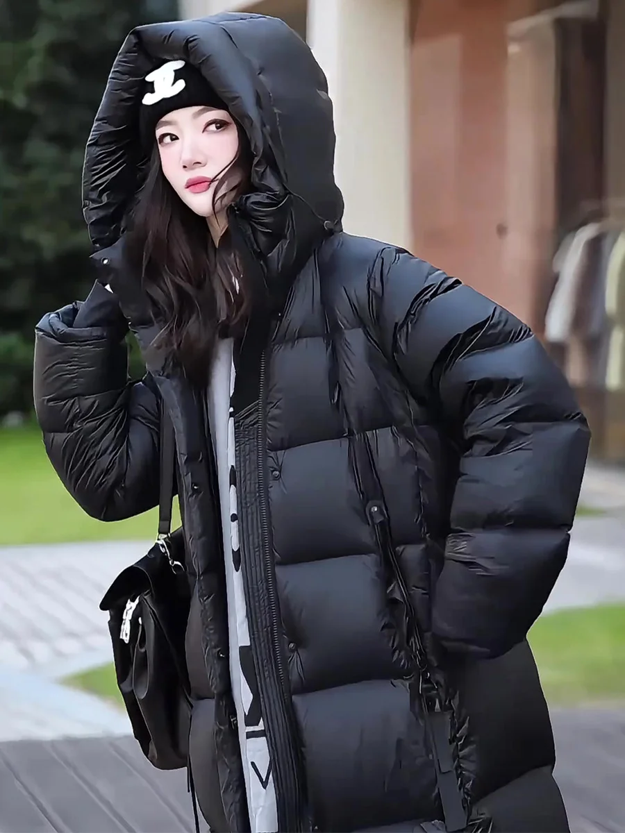 

Новая женская теплая зимняя куртка-пуховик Bla Long Hooded Du Down Jaet в корейском стиле 2025 года, повседневная модная модель больших размеров на молнии