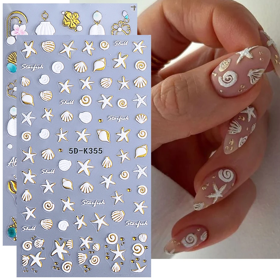 5D Oro bianco Animali dell'oceano Adesivi per unghie in rilievo Conchiglie di mare metalliche Conchiglia Stella marina Decalcomanie per unghie Decorazione Cursore per manicure fai da te