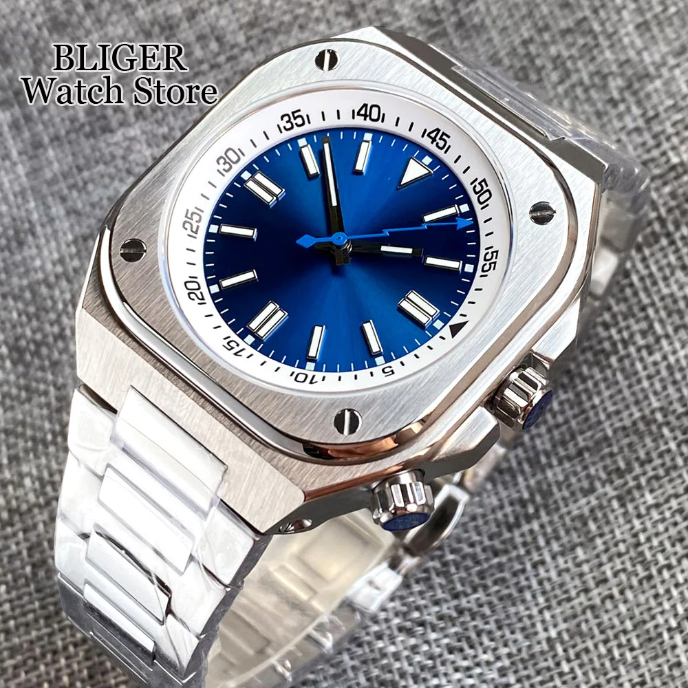 

Luxury 42mm Blue Dial Square Stainless Steel Watch For Men Sapphire Glass NH35A Automatic Chapter Ring 2023