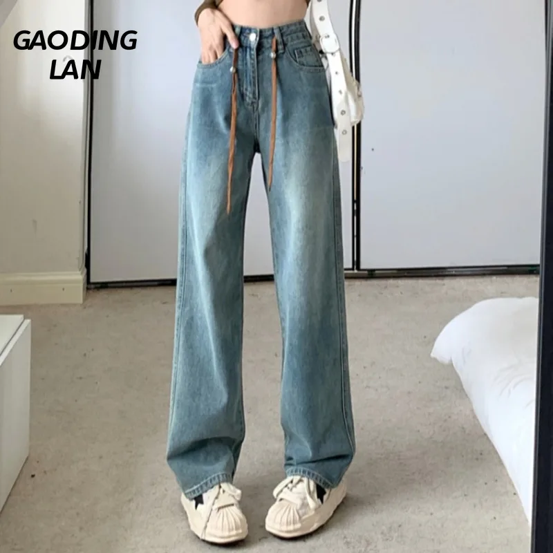 GAODINGLAN Vintage Washed Jeans Women High Waist Lace Up Drawstring Blue Denim Pants Y2k Long Baggy Wide Leg Trousers Female