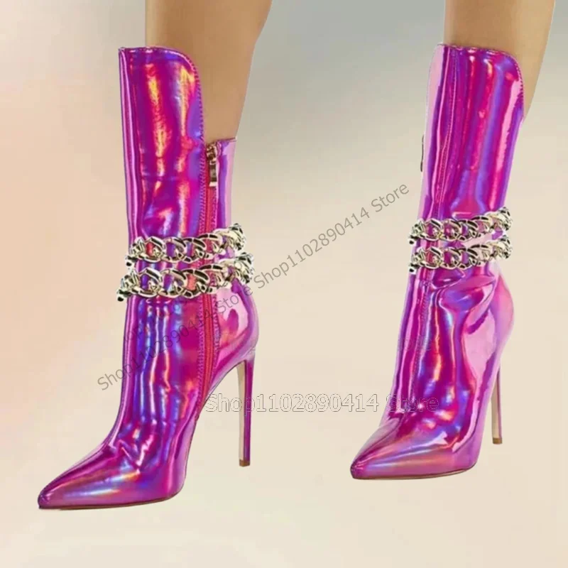 Chain Decor Rose Red Patent Leather Pointed Toe Boots Side Zipper Women Shoes Thin High Heels New Party 2024 Zapatos Para Mujere