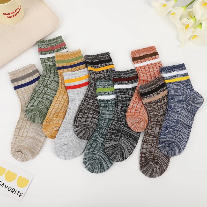 

1/10 Pairs Spring Summer Striped Teenage Men's Mid Length Socks Sweat Absorbing Breathable Odor Proof Sports and Leisure Socks