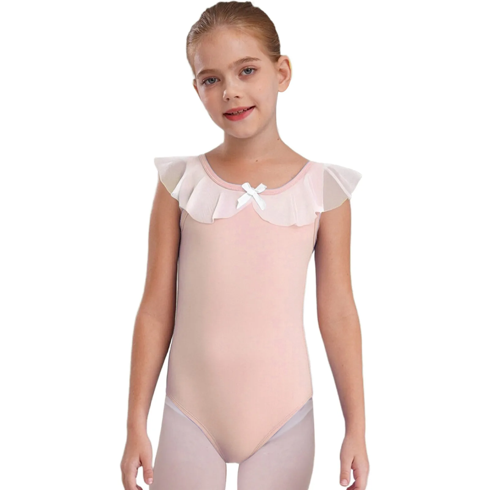 

Kids Girls Professional Ballet Dance Gymnastics Leotard Lace Mesh Ruffles Sleeveless Backless Bodysuit for Practice Performance