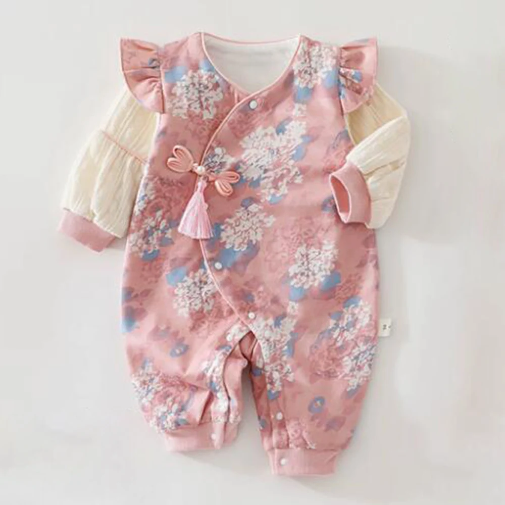Chinese Style Baby Romper Autumn Spring Long Sleeve Girl Princess Outfit Traditional Mandarin Collar Newborn Infant 0-12 Months