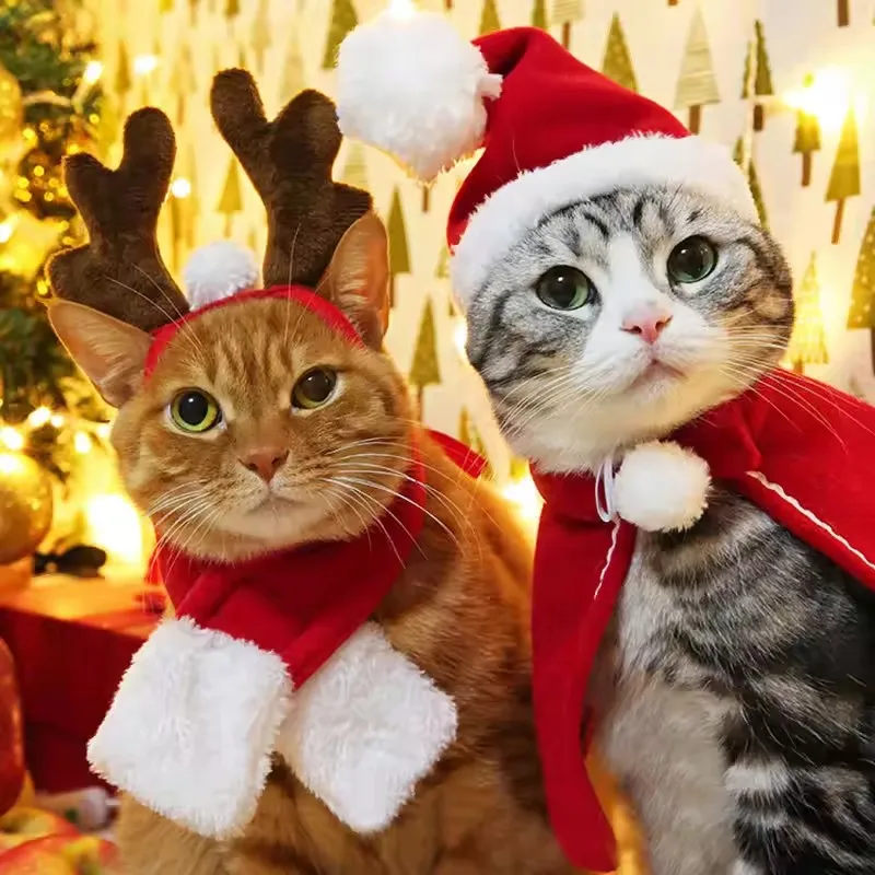 

Funny Cat Christmas Costume Santa Cosplay Pet Christmas Cape Dress Up Clothes Warm Red Scarf Cloak With Hat Pet Accessories