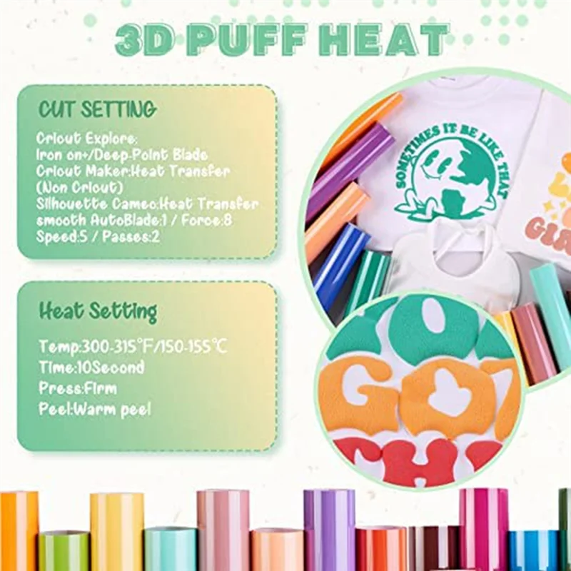 

HGHO 18 Sheets Puff Vinyl Heat Transfer 12 X 10Inches 3D Puff HTV Heat Transfer Vinyl Vinyl Heat Transfer For T-Shirts DIY Compa