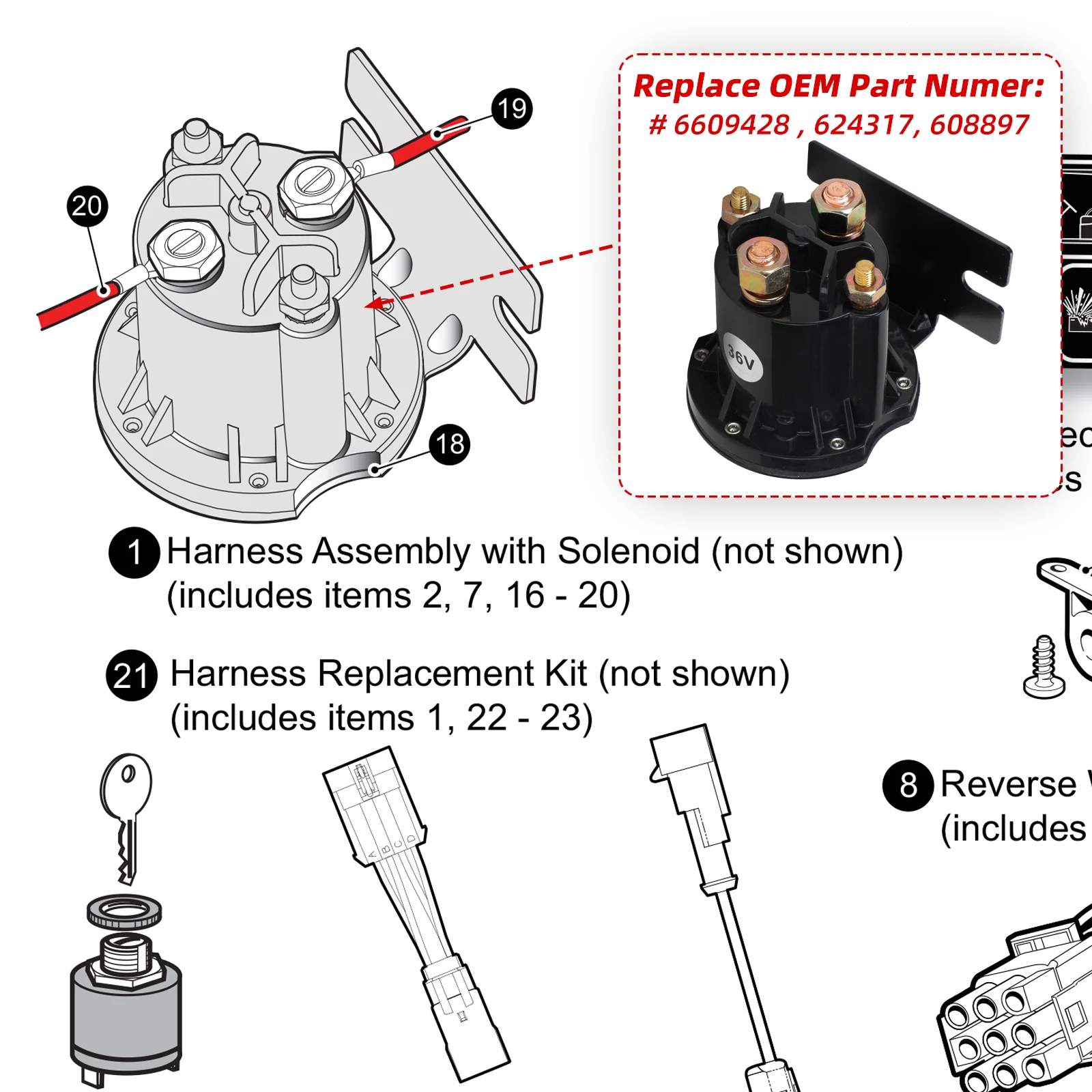 ملف لولبي لعربة الجولف من Roykaw للموديلات الكهربائية EZGO RXV 2008، 36 فولت/150 أمبير/4 محطات، OEM # 609428 , 608897 , 624317