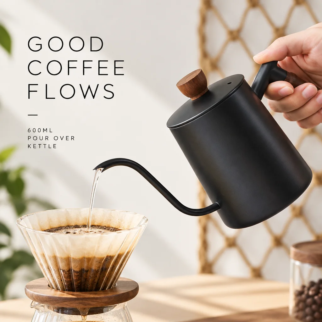 600ml Pour Over Coffee Kettle Stainless Steel Gooseneck Spout Anti‑Scald Wooden Handle Hand Drip Pot For Home Barista Camping